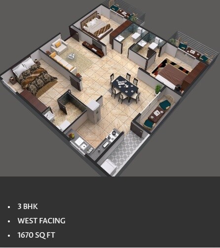 Floor plan of 3 BHK 1670 Sq. Ft. Apartment in ELV 55 EastFort, Hyderabad