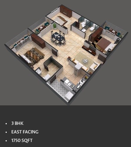 Floor plan of 3 BHK 1750 Sq. Ft. Apartment in ELV 55 EastFort, Hyderabad