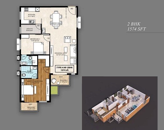 Floor plan of 2 BHK 1574 Sq. Ft. Apartment in Empire Urbana, Hyderabad