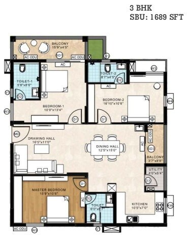Floor plan of 3 BHK 1689 Sq. Ft. Apartment in Empire Urbana, Hyderabad