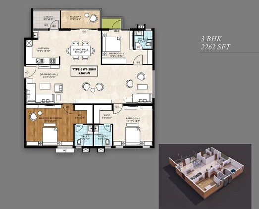 Floor plan of 3 BHK 2262 Sq. Ft. Apartment in Empire Urbana, Hyderabad