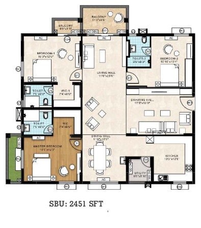 Floor plan of 3 BHK 2451 Sq. Ft. Apartment in Empire Urbana, Hyderabad