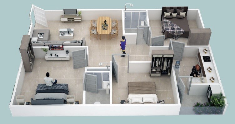 Floor plan of 3 BHK 1250 Sq. Ft. Apartment in Endeco TS Heights, Hyderabad