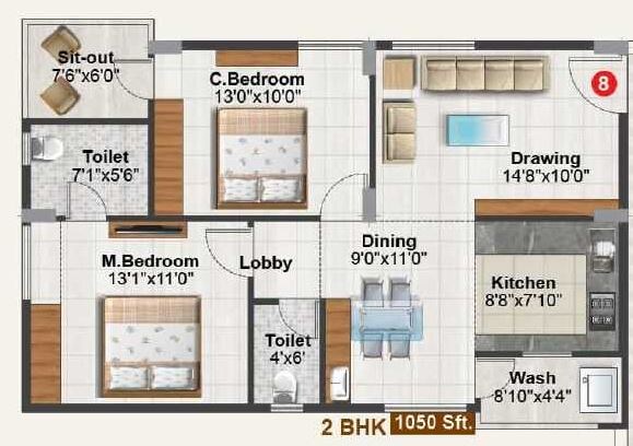 Floor plan of 2 BHK 1050 Sq. Ft. Apartment in Essen Elegance, Hyderabad