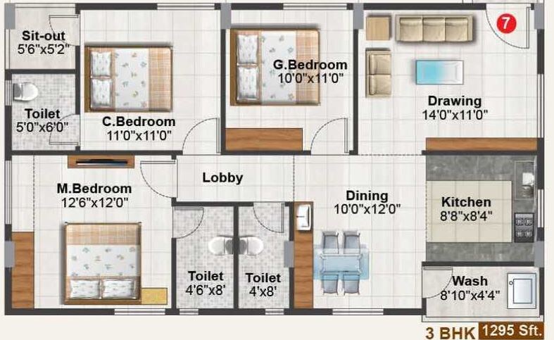 Floor plan of 3 BHK 1685 Sq. Ft. Apartment in Essen Elegance, Hyderabad