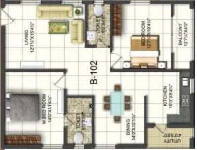 Floor plan of 2 BHK 1320 Sq. Ft. Apartment in Essen Marvella, Hyderabad