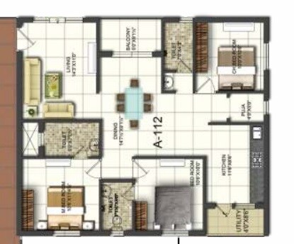 Floor plan of 3 BHK 1480 Sq. Ft. Apartment in Essen Marvella, Hyderabad