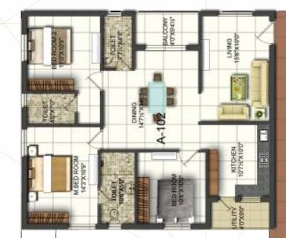 Floor plan of 3 BHK 1575 Sq. Ft. Apartment in Essen Marvella, Hyderabad