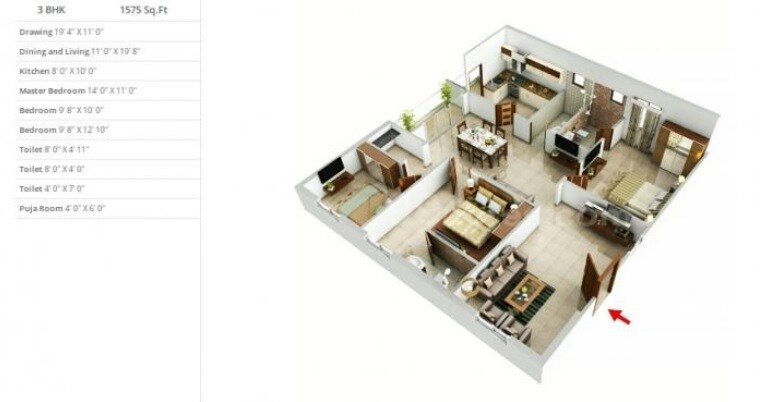 Floor plan of 3 BHK 1575 Sq. Ft. Apartment in Eternal Eshwari Nilayam, Hyderabad