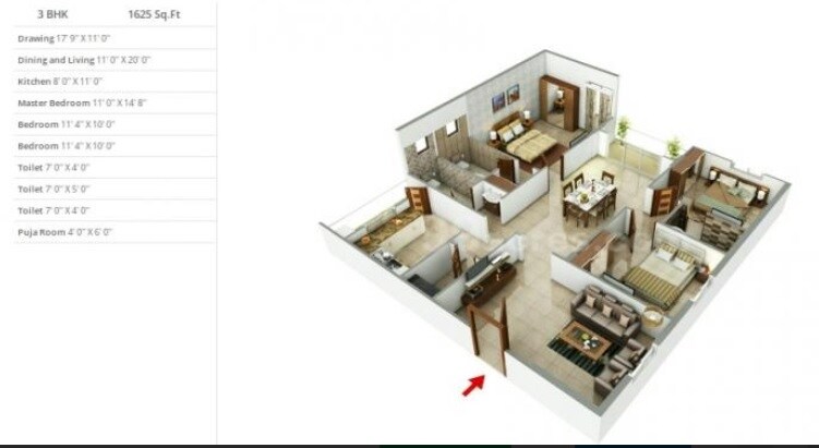 Floor plan of 3 BHK 1625 Sq. Ft. Apartment in Eternal Eshwari Nilayam, Hyderabad