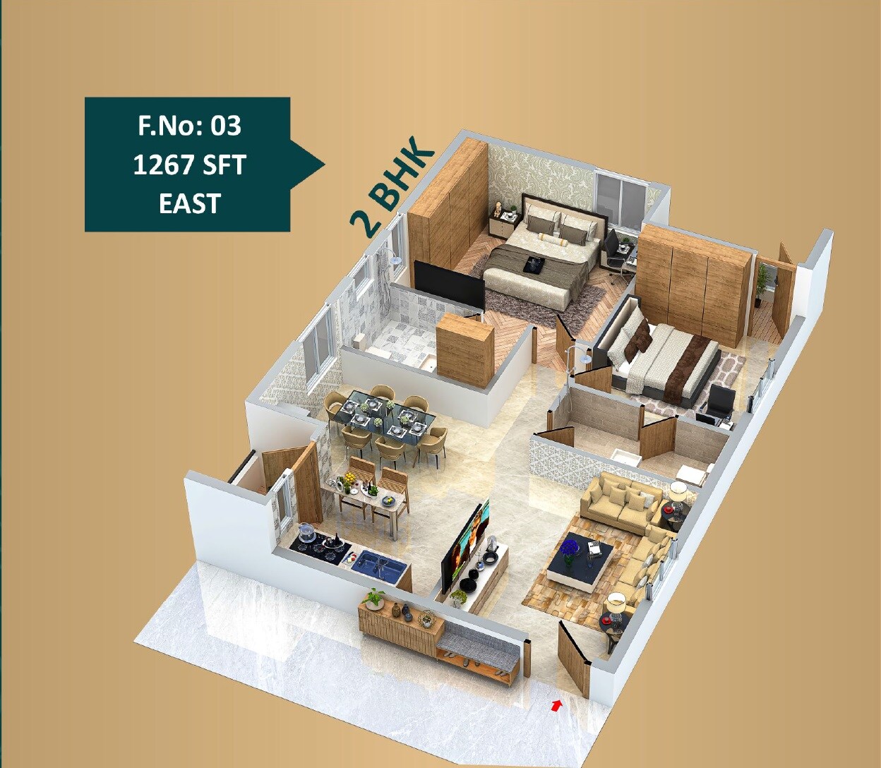 Floor plan of 2 BHK 1266 Sq. Ft. Apartment in Everest Temple Breeze, Hyderabad