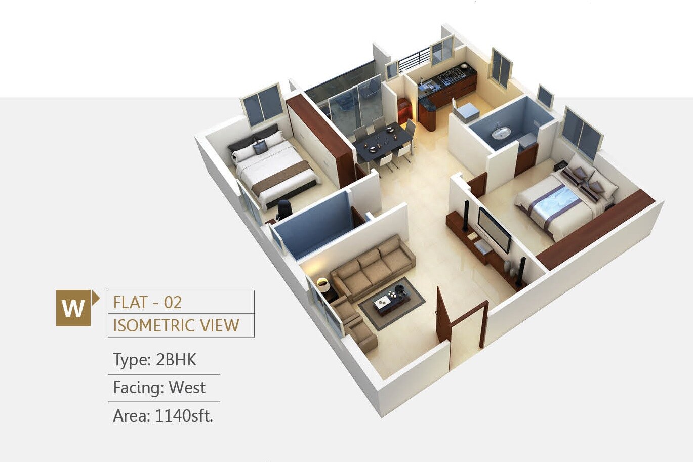 Floor plan of 2 BHK 1140 Sq. Ft. Apartment in Firmus SS White House, Hyderabad