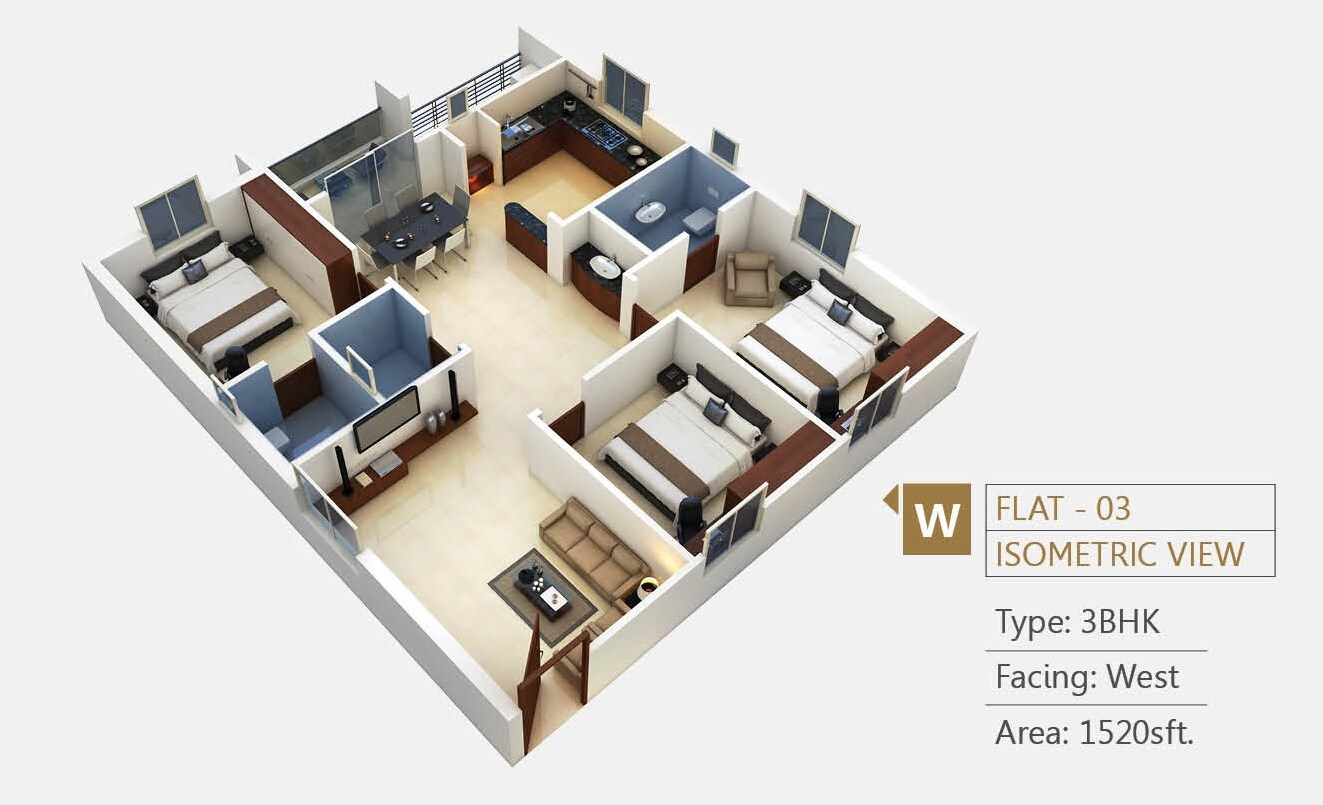 Floor plan of 3 BHK 1520 Sq. Ft. Apartment in Firmus SS White House, Hyderabad