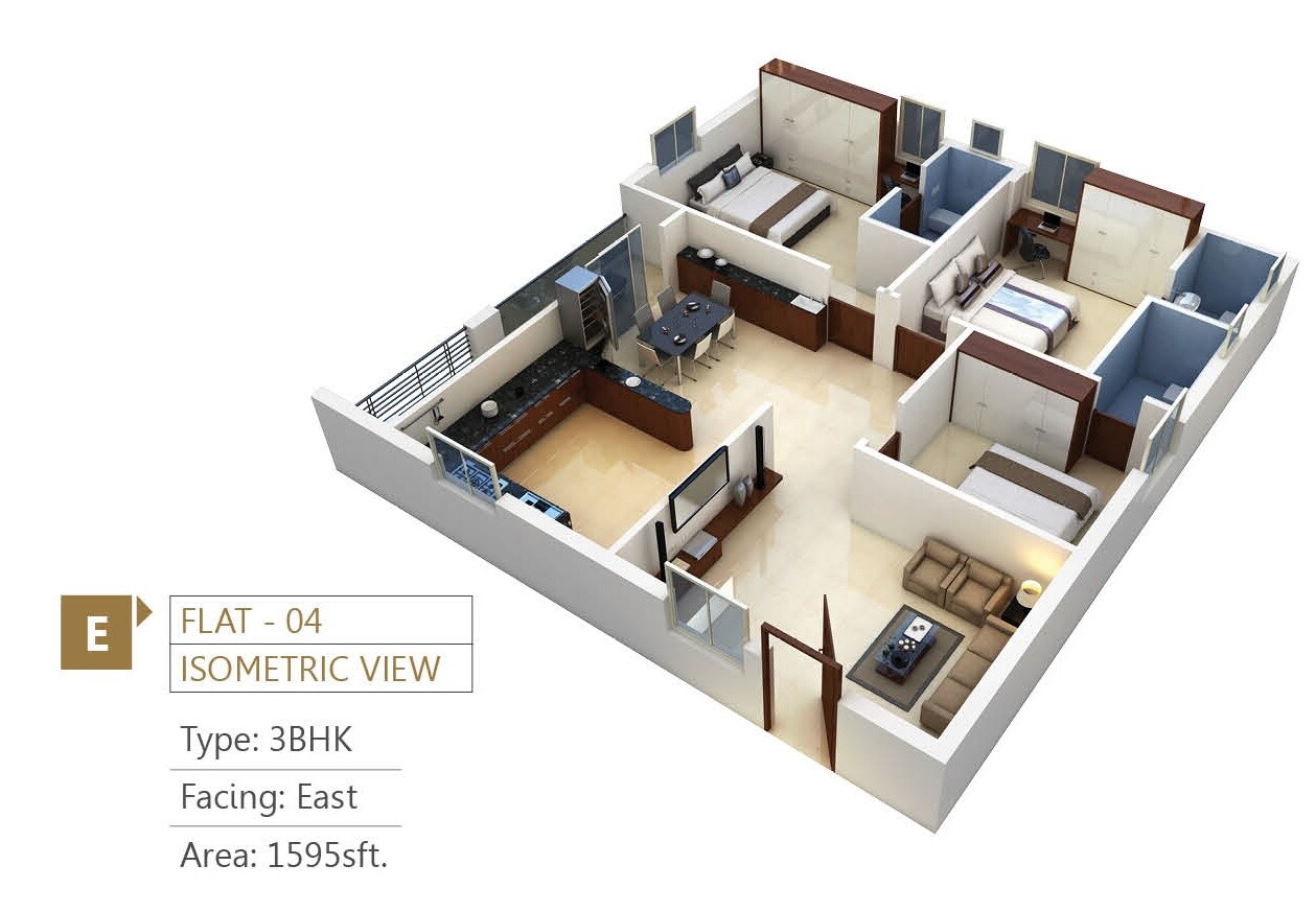 Floor plan of 3 BHK 1595 Sq. Ft. Apartment in Firmus SS White House, Hyderabad