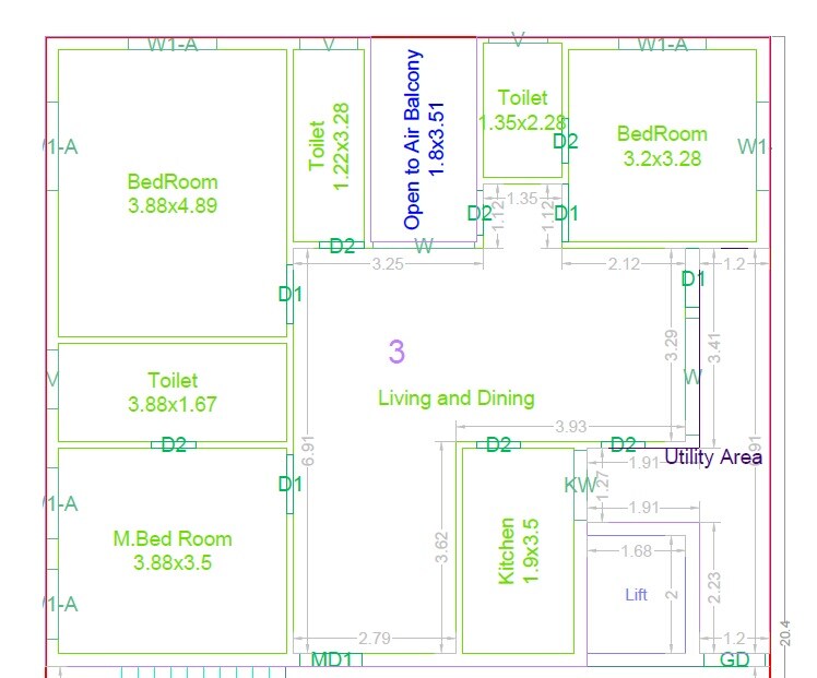Floor plan of 3 BHK 1999 Sq. Ft. Apartment in Fores S And S Residency, Hyderabad
