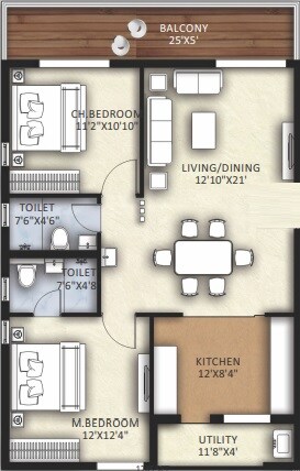 Floor plan of 2 BHK 1285 Sq. Ft. Apartment in Canny Forest Edge, Hyderabad