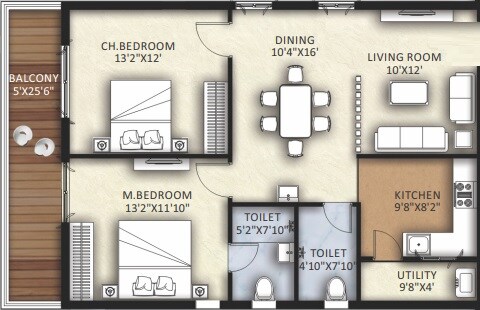 Floor plan of 2 BHK 1600 Sq. Ft. Apartment in Canny Forest Edge, Hyderabad