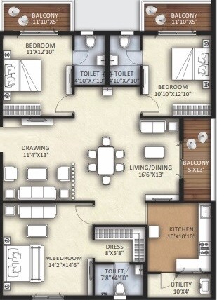 Floor plan of 3 BHK 1985 Sq. Ft. Apartment in Canny Forest Edge, Hyderabad