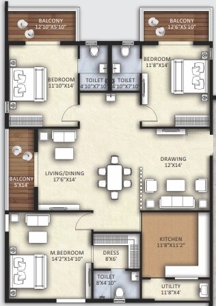 Floor plan of 3 BHK 2200 Sq. Ft. Apartment in Canny Forest Edge, Hyderabad