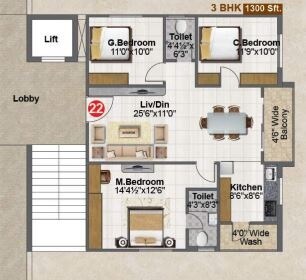 Floor plan of 3 BHK 1300 Sq. Ft. Apartment in Fortune Green Falcon, Hyderabad