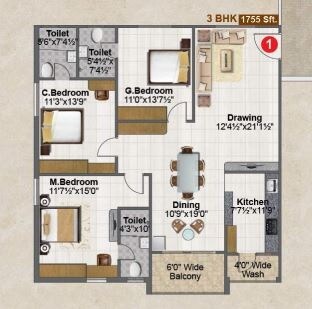 Floor plan of 3 BHK 1755 Sq. Ft. Apartment in Fortune Green Falcon, Hyderabad