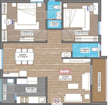 Floor plan of 2 BHK 1165 Sq. Ft. Apartment in Fortune Flamingo, Hyderabad