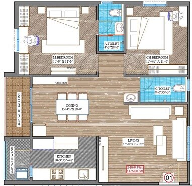 Floor plan of 2 BHK 1175 Sq. Ft. Apartment in Fortune Flamingo, Hyderabad