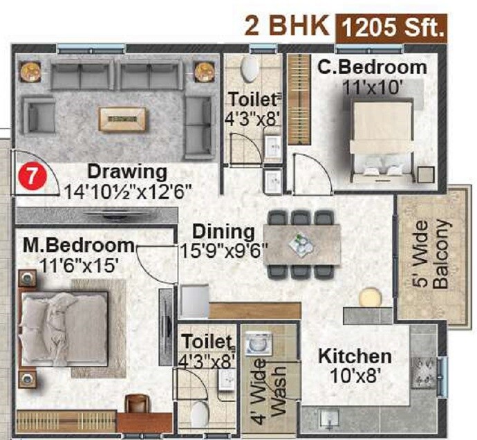 Floor plan of 2 BHK 1205 Sq. Ft. Apartment in Fortune Green Homes Sapphire, Hyderabad