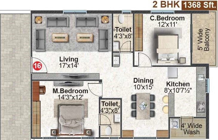 Floor plan of 2 BHK 1368 Sq. Ft. Apartment in Fortune Green Homes Sapphire, Hyderabad