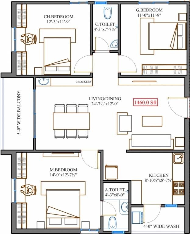 Floor plan of 3 BHK 1460 Sq. Ft. Apartment in Fortune Green Homes Sapphire, Hyderabad