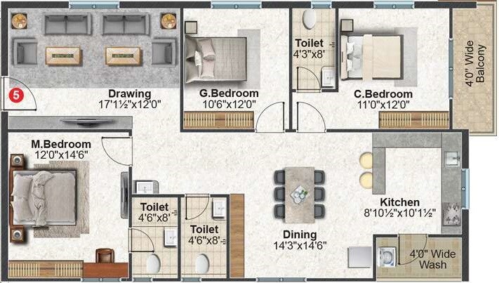 Floor plan of 3 BHK 1705 Sq. Ft. Apartment in Fortune Green Homes Sapphire, Hyderabad
