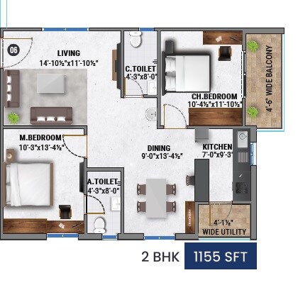 Floor plan of 2 BHK 1155 Sq. Ft. Apartment in Fortune Green Homes Swan, Hyderabad
