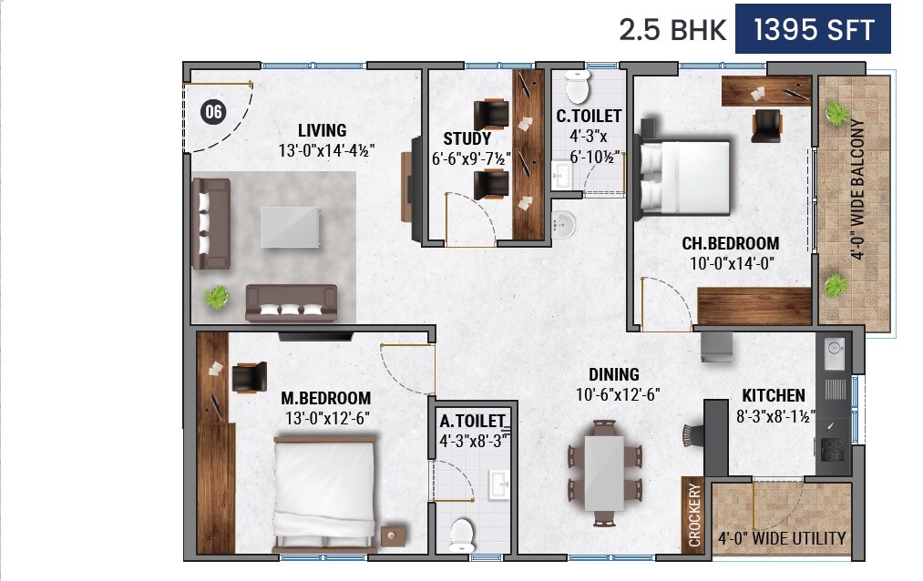 Floor plan of 2 BHK 1395 Sq. Ft. Apartment in Fortune Green Homes Swan, Hyderabad