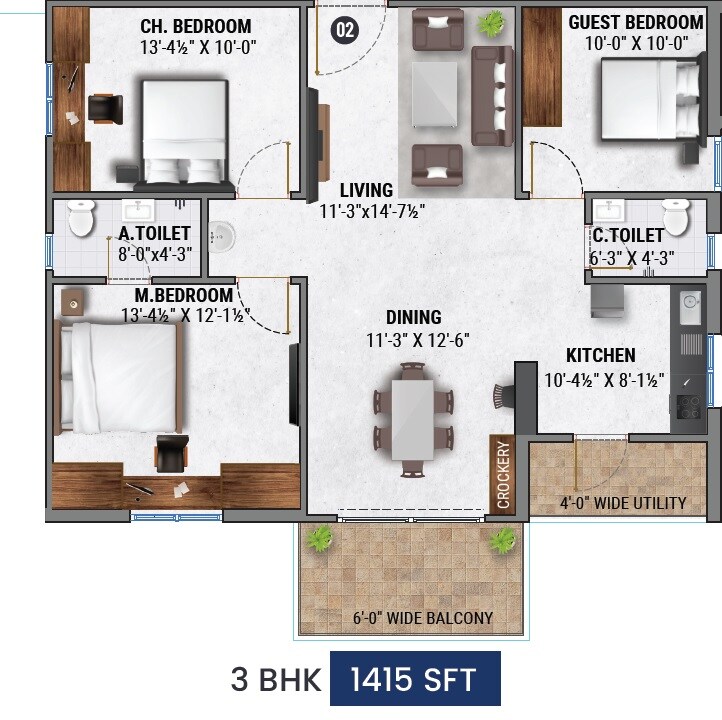 Floor plan of 3 BHK 1415 Sq. Ft. Apartment in Fortune Green Homes Swan, Hyderabad