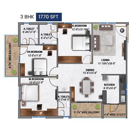 Floor plan of 3 BHK 1770 Sq. Ft. Apartment in Fortune Green Homes Swan, Hyderabad