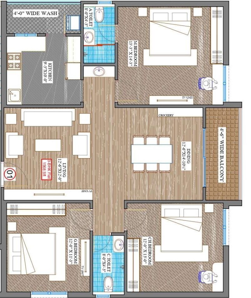 Floor plan of 3 BHK 1568 Sq. Ft. Apartment in Fortune Humming Bird, Hyderabad