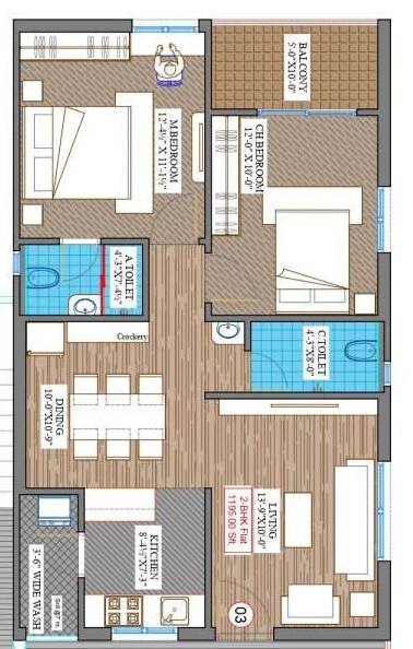 Floor plan of 2 BHK 1195 Sq. Ft. Apartment in Fortune IBIS, Hyderabad