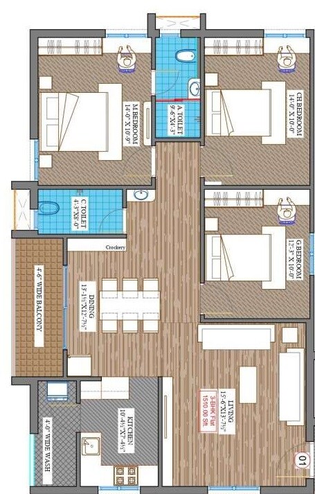 Floor plan of 3 BHK 1510 Sq. Ft. Apartment in Fortune IBIS, Hyderabad