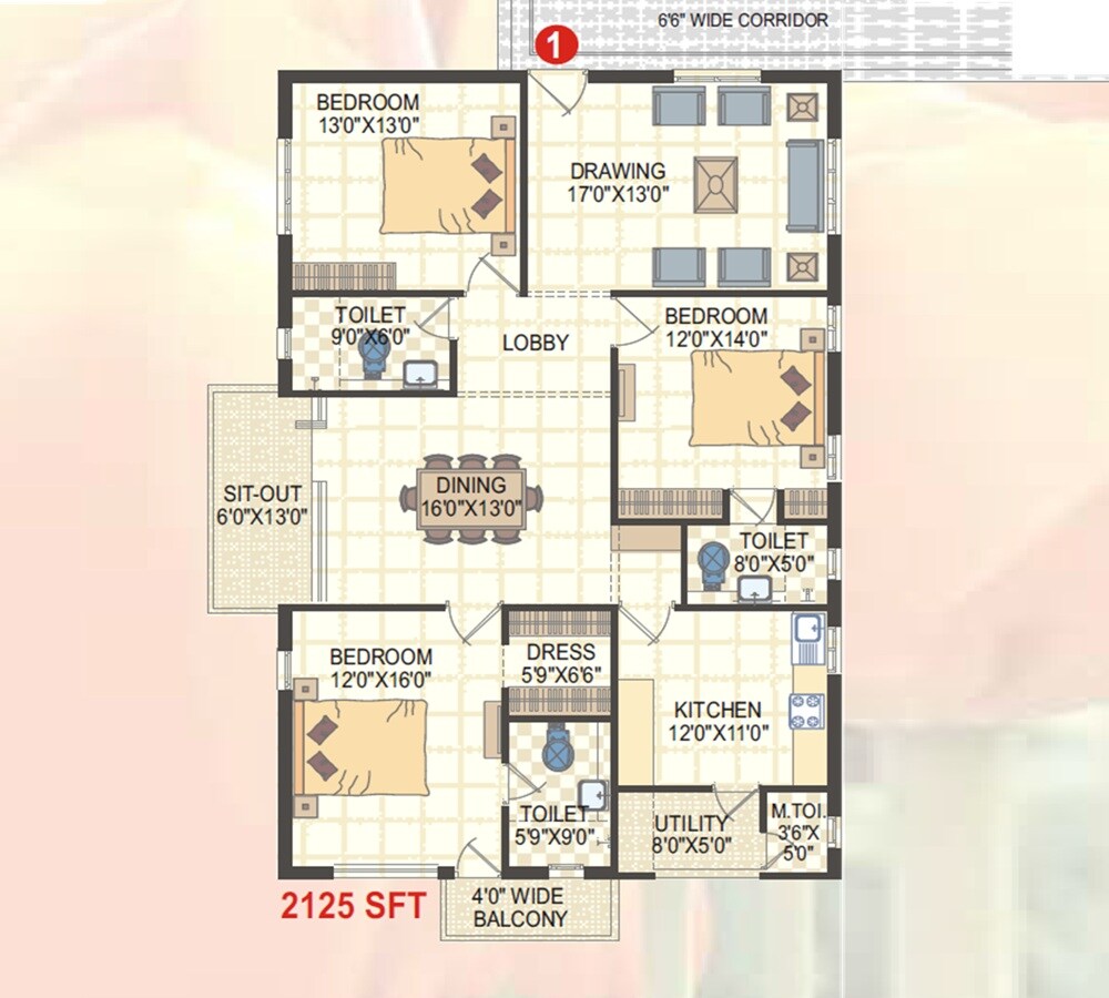 Floor plan of 3 BHK 2125 Sq. Ft. Apartment in Fortune Icon, Hyderabad