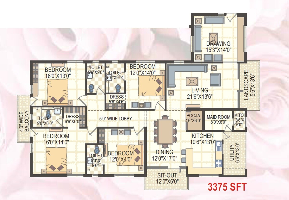 Floor plan of 4 BHK 3375 Sq. Ft. Apartment in Fortune Icon, Hyderabad