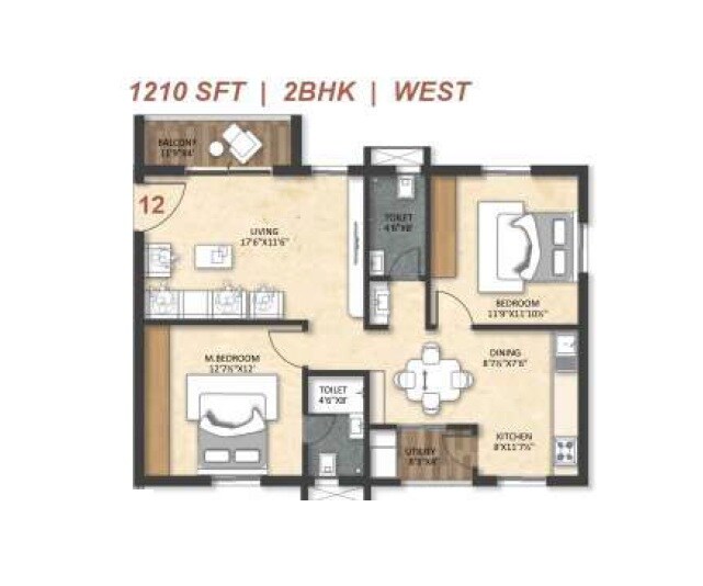 Floor plan of 2 BHK 1210 Sq. Ft. Apartment in Fortune Nakshatra, Hyderabad