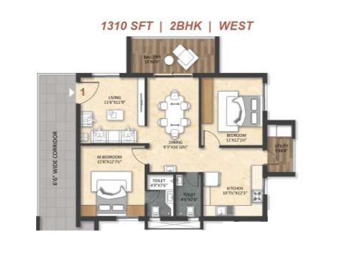Floor plan of 2 BHK 1310 Sq. Ft. Apartment in Fortune Nakshatra, Hyderabad
