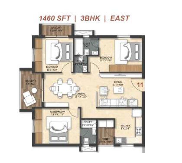 Floor plan of 3 BHK 1460 Sq. Ft. Apartment in Fortune Nakshatra, Hyderabad