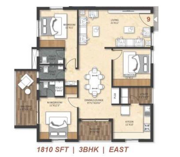 Floor plan of 3 BHK 1810 Sq. Ft. Apartment in Fortune Nakshatra, Hyderabad
