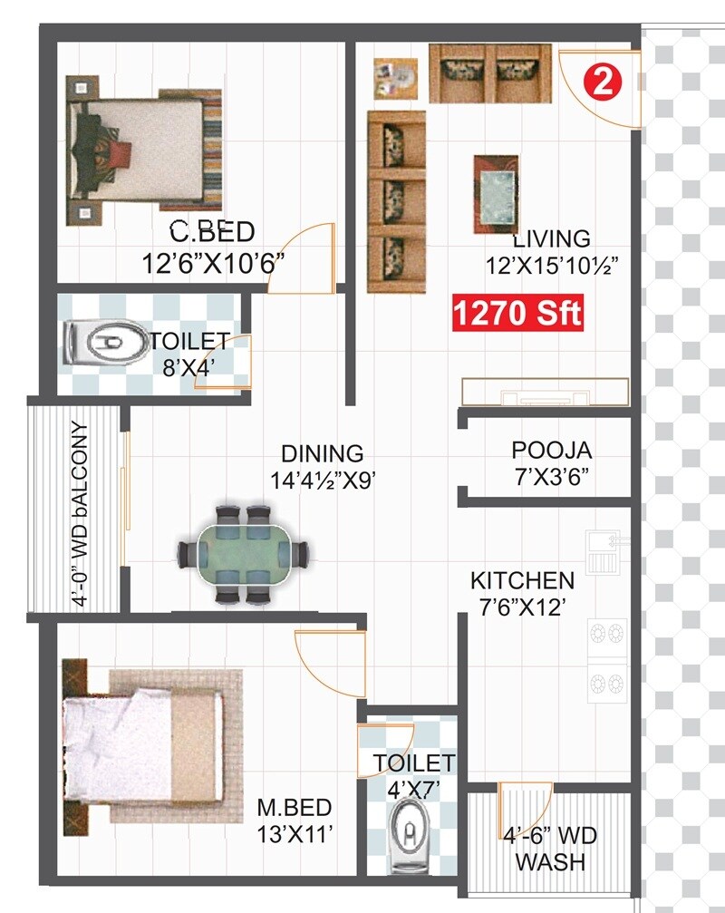 Floor plan of 2 BHK 1270 Sq. Ft. Apartment in Fortune Pride Hyderabad, Hyderabad