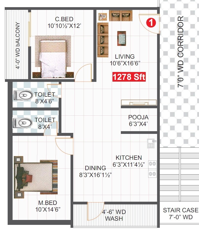 Floor plan of 2 BHK 1278 Sq. Ft. Apartment in Fortune Pride Hyderabad, Hyderabad