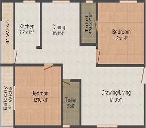 Floor plan of 2 BHK 1360 Sq. Ft. Apartment in Fresh Living Apartments, Hyderabad