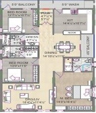 Floor plan of 3 BHK 1389 Sq. Ft. Apartment in Fresh Living Apartments, Hyderabad