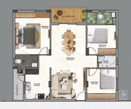 Floor plan of 3 BHK 1545 Sq. Ft. Apartment in Frontline Arcade, Hyderabad