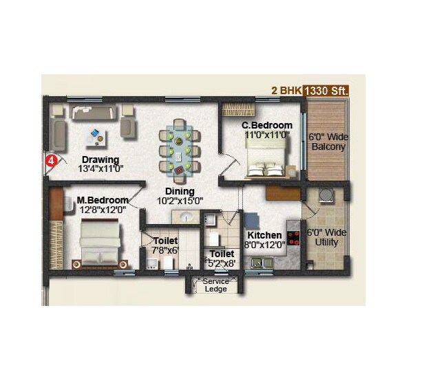 Floor plan of 2 BHK 1330 Sq. Ft. Apartment in Frontline Seven, Hyderabad